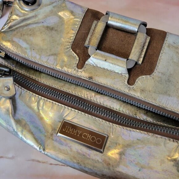 Jimmy Choo Clutch Wristlet Bag Foldover Metallic 11 X 6 Distressed Logo … - Picture 2 of 15